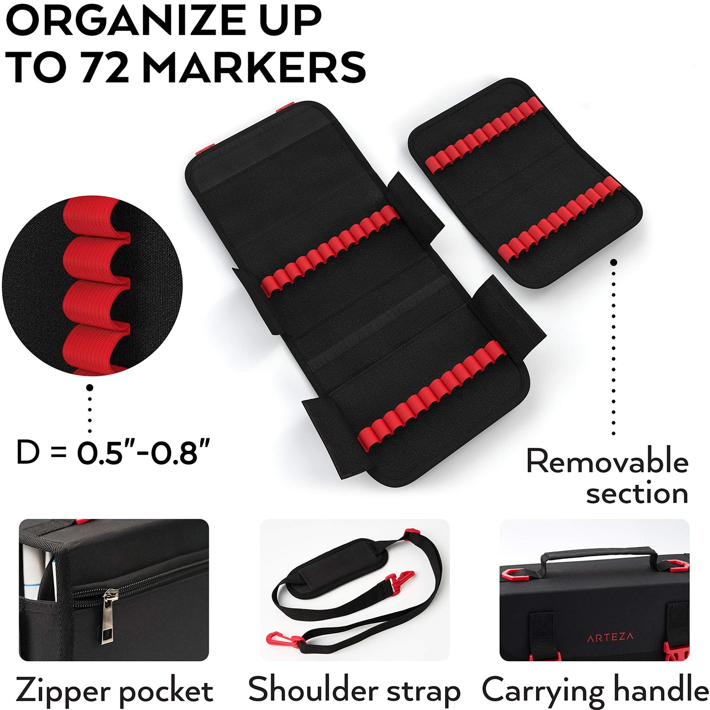 ARTEZA Art Markers & Pens Organizer (72 Slots), Carrying Case for Travel & Storage with Zipper Pocket, Handle, Removable & Adjustable Strap