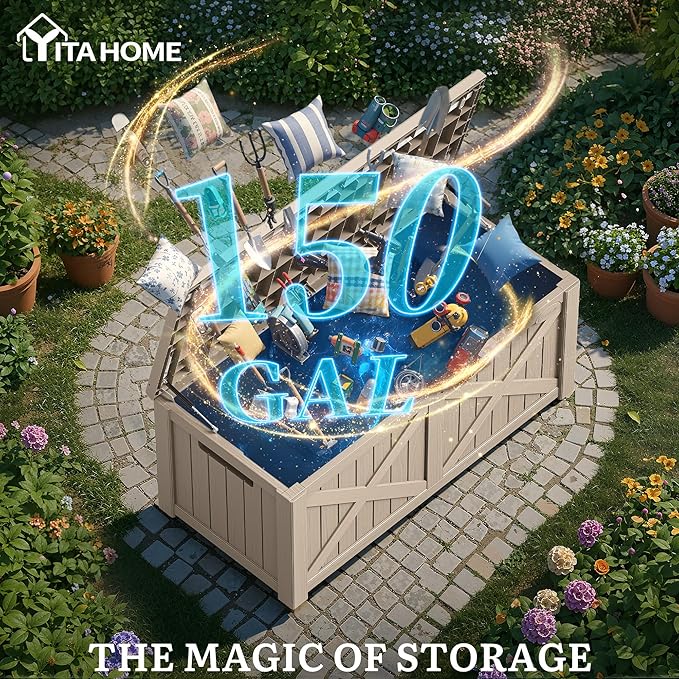 YITAHOME 150 Gallon Large Deck Box with X-Shaped Front, Resin Outdoor Storage Boxes, Waterproof Cushion Storage Bench for Patio, Pool Supplies, Garden Tools - Lockable, Taupe