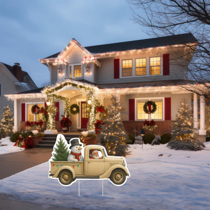White Truck Christmas Santa Claus Classic Yard Sign for Home Decor and Lawn Decoration With Stakes, Green Merry Christmas Sign Presents