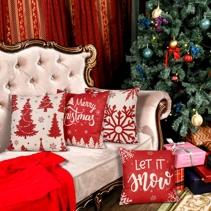 ButyHome Christmas Pillow Covers 18x18 Set of 4 Red Plaid Throw Pillowcase Christmas Decorations Deer Snowflake Farmhouse Linen Cushion Pillow Case for Home Decor Holiday Decorative