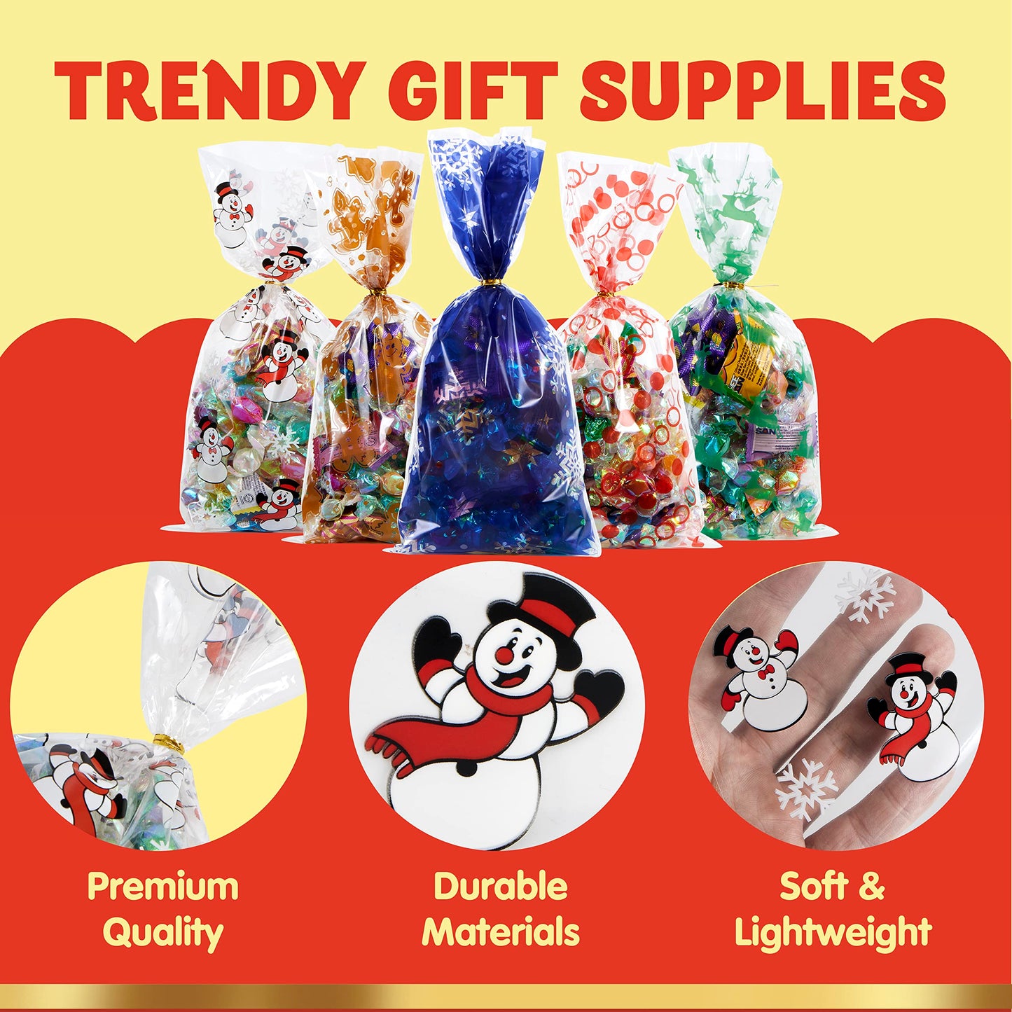 JOYIN 144 PCS Christmas Cellophane Bags with Ribbon for Holiday Treats, Christmas Clear Cello Gift Candy Cookie Bags for Party Favors, Festivals Presents, Party Supplies (11” X 5”)