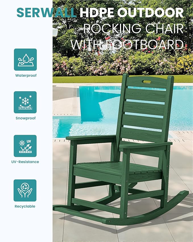 SERWALL Outdoor Rocking Chair Set of 4, Oversized HDPE Patio Rocking Chair with Footrest for Adults, All Weather Porch Rocker for Deck Patio Balcony, Green