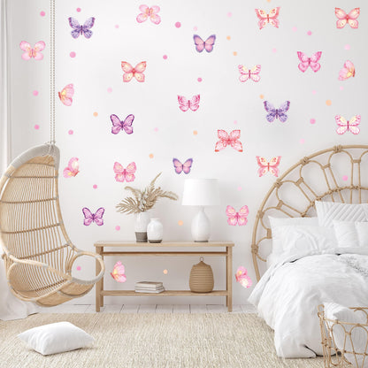 XUOIAYNB Pink Butterfly Wall Stickers,Butterflies with Plot Dots Vinyl Wall Decals, Removable Butterfly DIY Wall Art for Girl Bedroom Nursery Room Decor