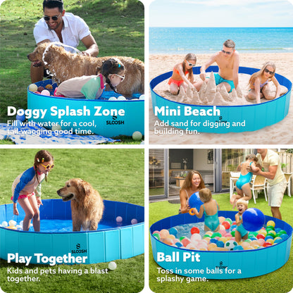 Sloosh Foldable Dog Kiddie Pool - Portable Hard Plastic Doggie Swimming Pool, Anti-Slip Collapsible Pets Bath Tub Suitable for Kids Indoor Outdoor Backyard Use (71" x 12", Blue)