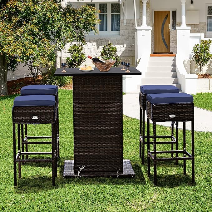 Tangkula 5 Piece Outdoor Rattan Bar Set, Patio Bar Furniture