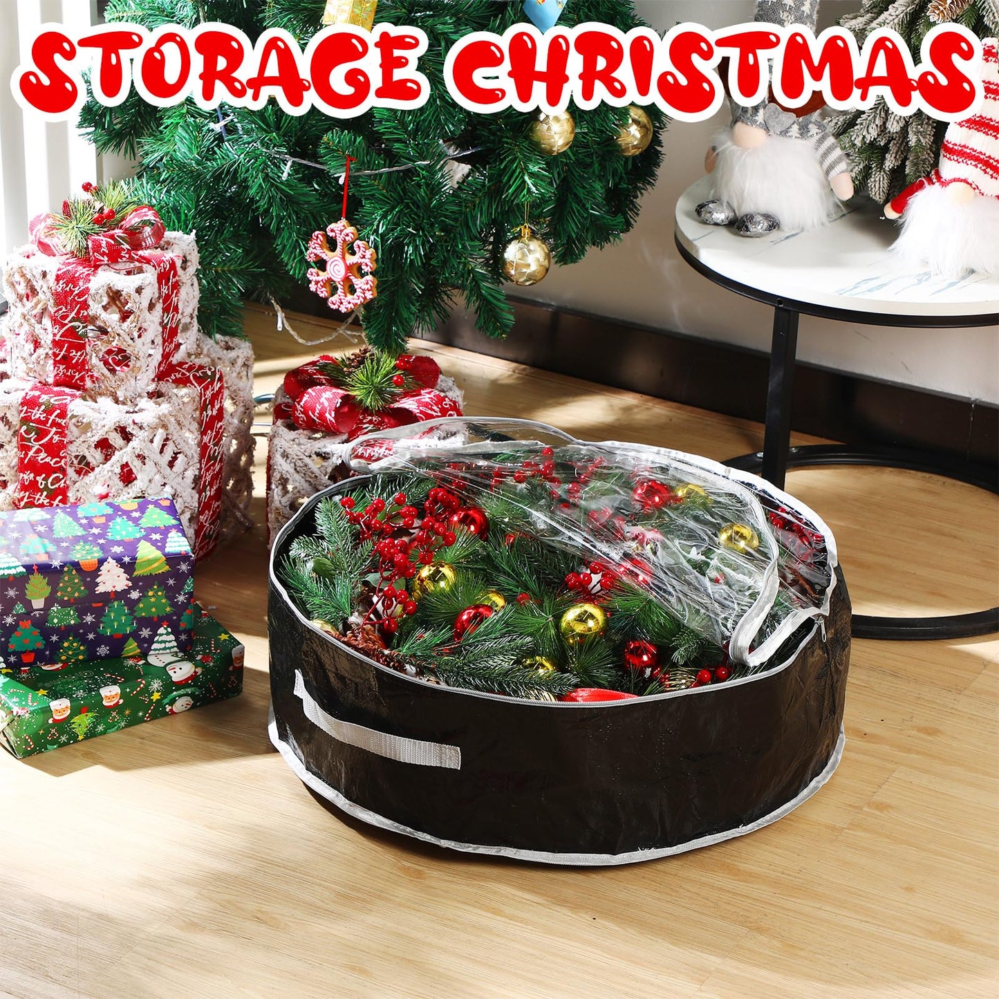 Aliceset 4 Pack Wreath Storage Containers, Ornament Garland Wreath Storage Bags with Handle Zipper Decorative Storages Box for Christmas in July Wreaths(24 x 24 x 7.8 Inch,Black)