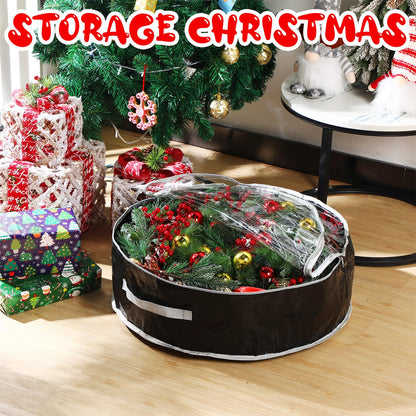 Aliceset 4 Pack Wreath Storage Containers, Ornament Garland Wreath Storage Bags with Handle Zipper Decorative Storages Box for Christmas in July Wreaths(24 x 24 x 7.8 Inch,Black)
