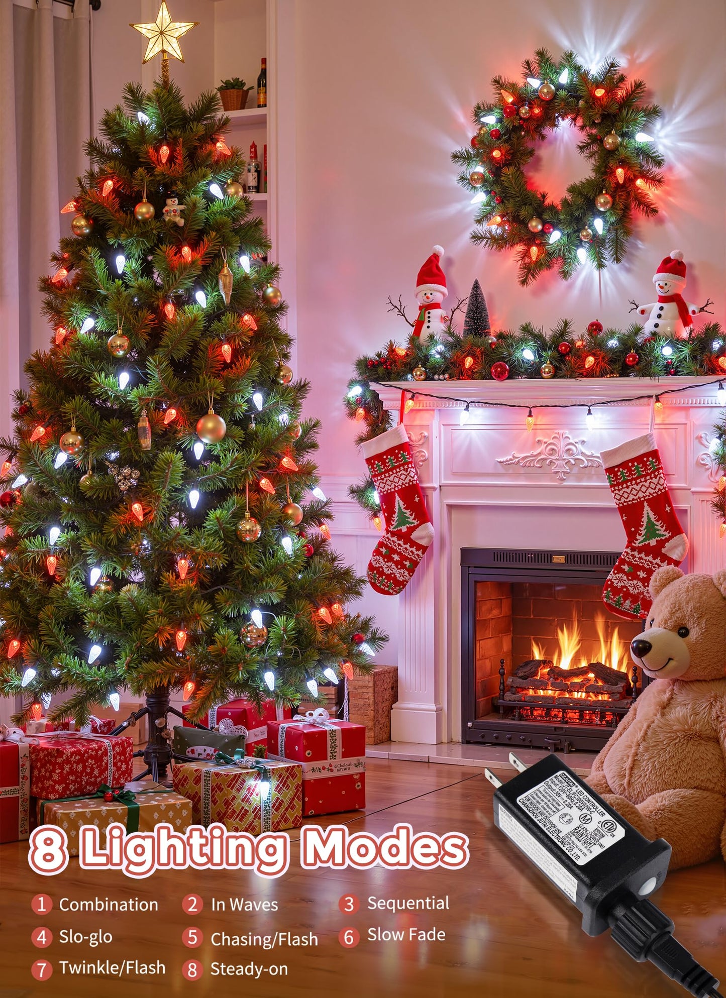C9 Christmas Lights Outdoor Waterproof, 114 Feet 150 LED C9 String Light with Timer & 8 Light Mode, Connectable Christmas Tree Lights for House Outside Roofline Indoor Decoration, Red & Pure White