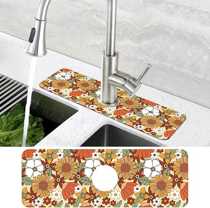 70s Retro Orange Floral Kitchen Sink Splash Guard Mat Absorbent Fast Drying Mat