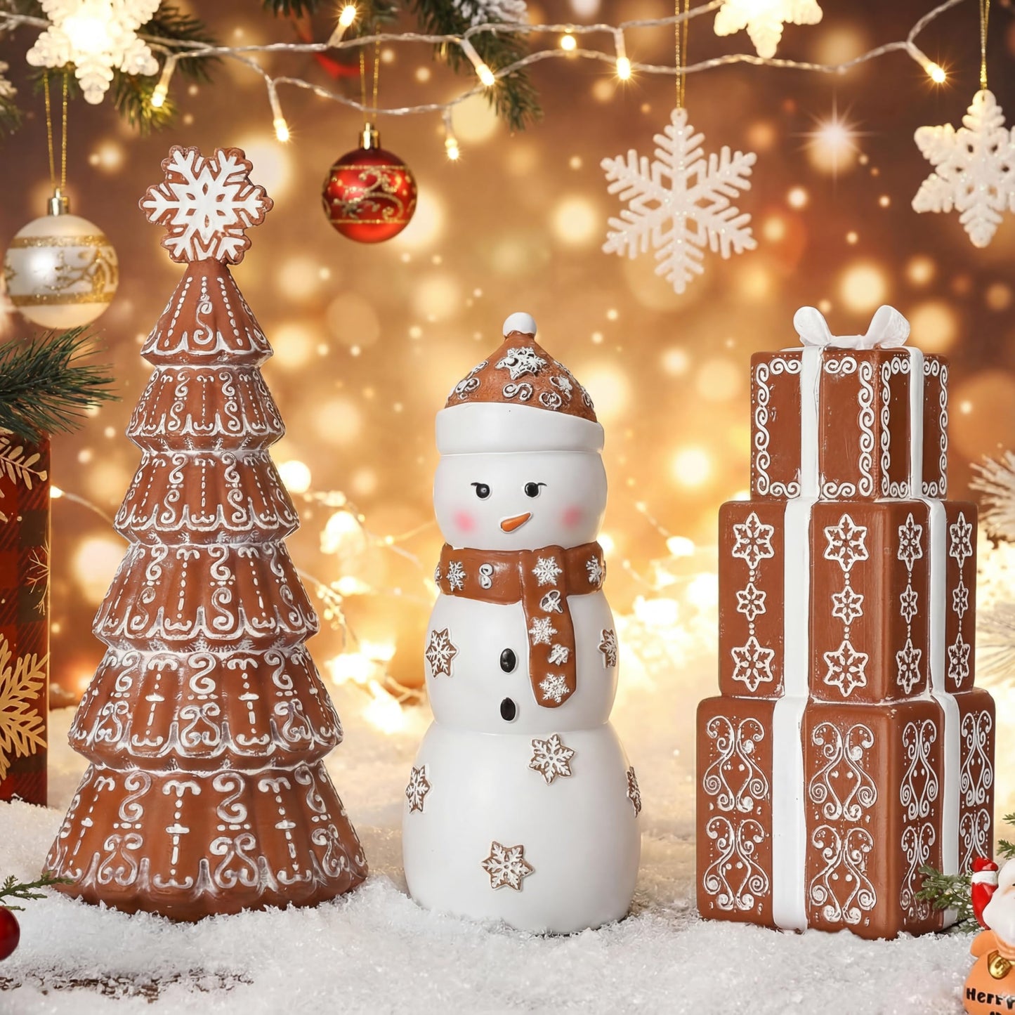 Kathfly 3 Pcs Christmas Winter Gingerbread Figurines Set Resin Snowman Gingerbread Tree Collectible Gift Table Centerpiece for Home Christmas Holiday Shelf Mantel Table Display