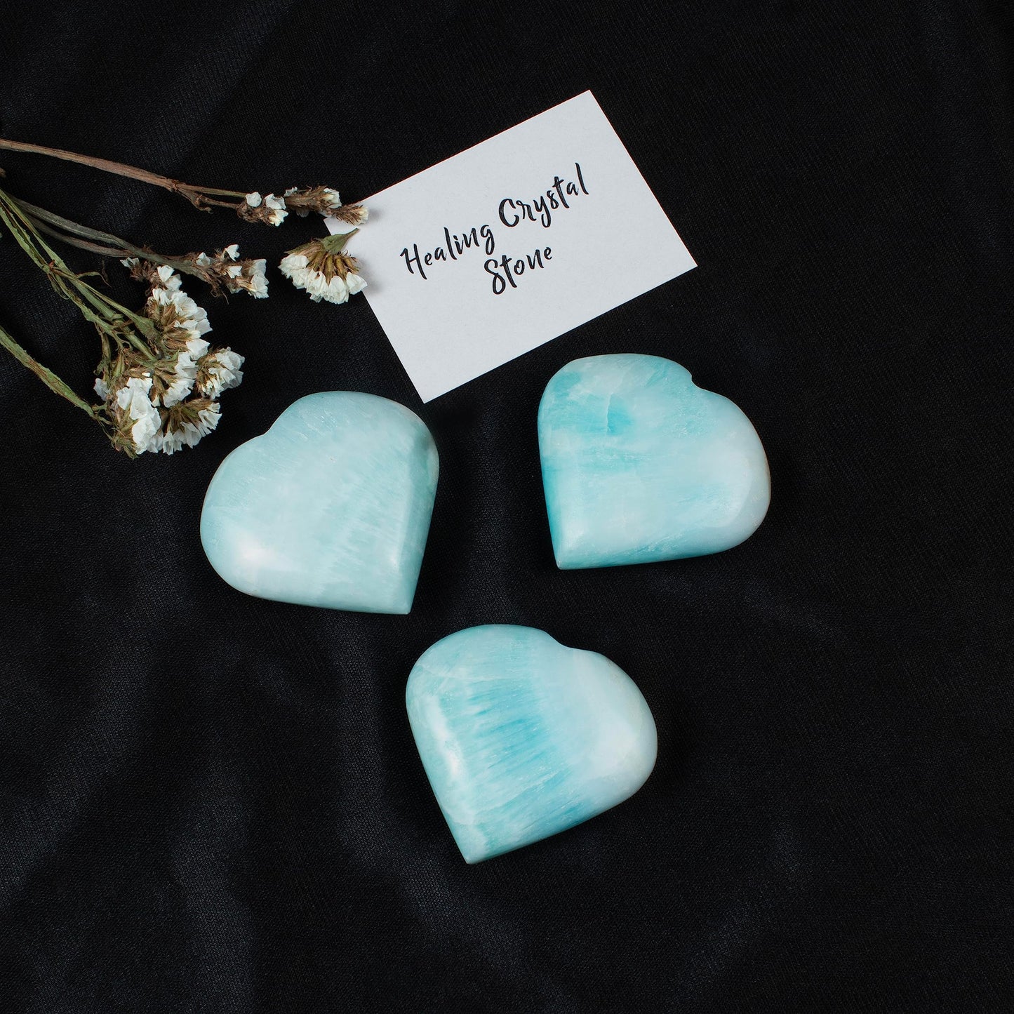 Crocon 50mm Blue Aragonite Heart Stone Big Heart Shape Puff Stones Set 450+ Carats Pocket Crystal Healing Tumble Collection Palm Worry Stone Good Luck Charm Meditation Gift Craft Home Decor