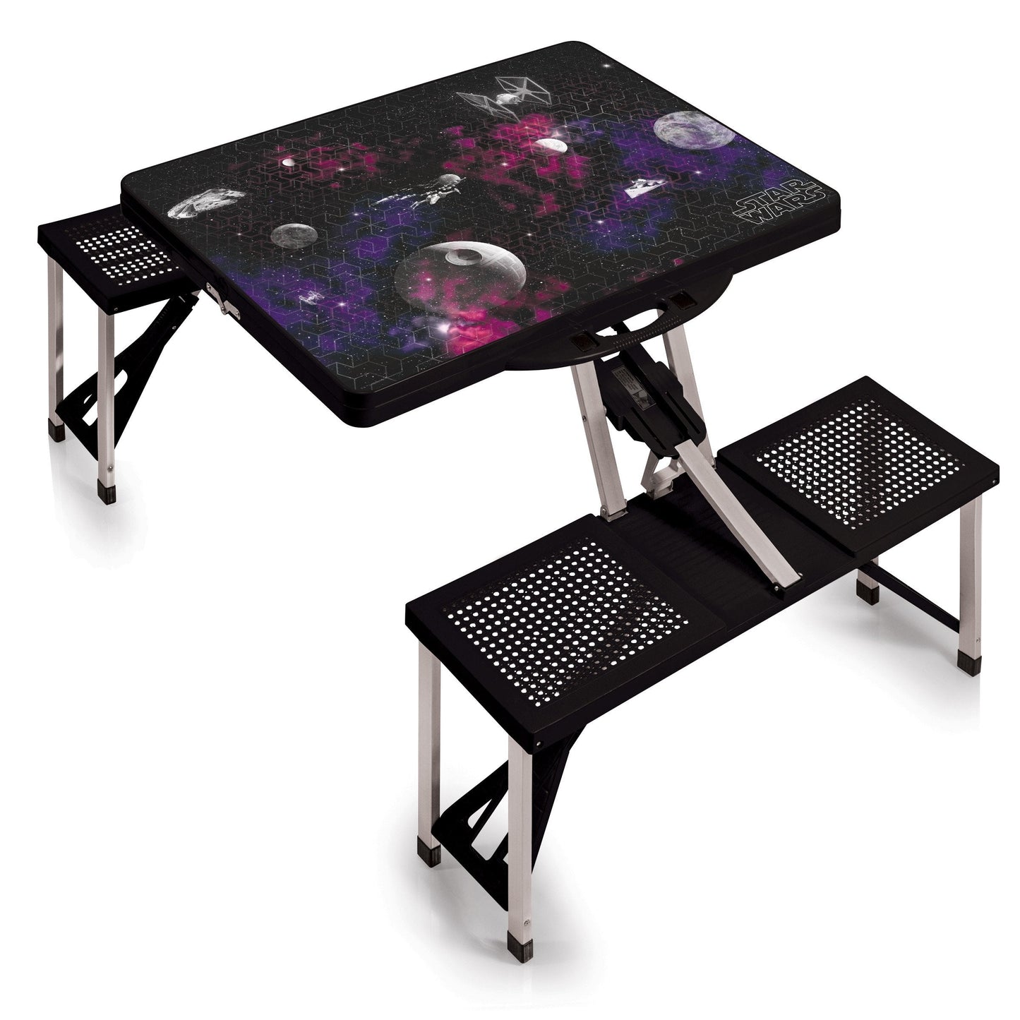 PICNIC TIME Star Wars Death Star Folding Picnic Table with Seats, Collapsible Aluminum Table and Bench Set with Umbrella Hole, Lightweight Portable Table for Camping, Travel, Tailgating, (Black)