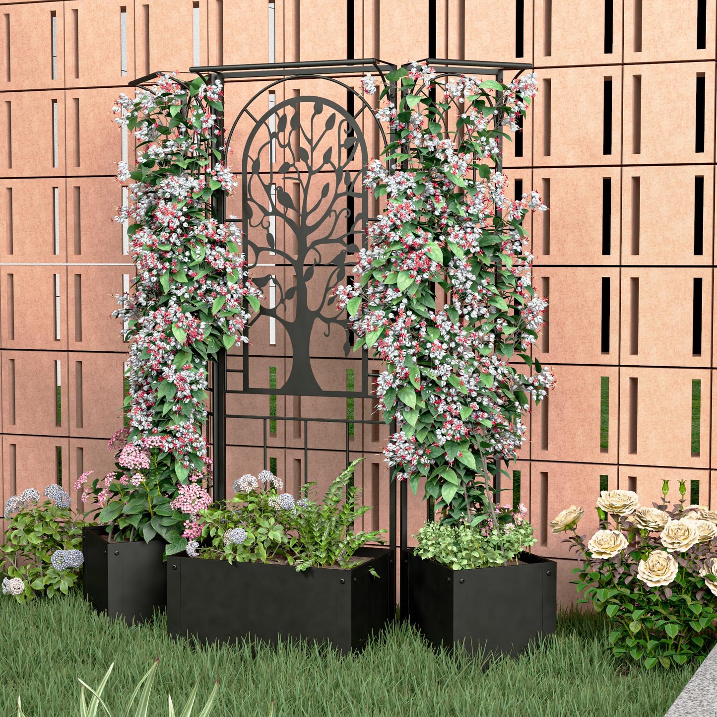 Athuiline Metal Planter Box with Trellis, Raised Garden Bed with Trellis Privacy Screen, 62 inch Tall Planter Boxes for Climbing Plants, Flowers, Vegetables, Fruits, Balcony and Patio Decor (Black)