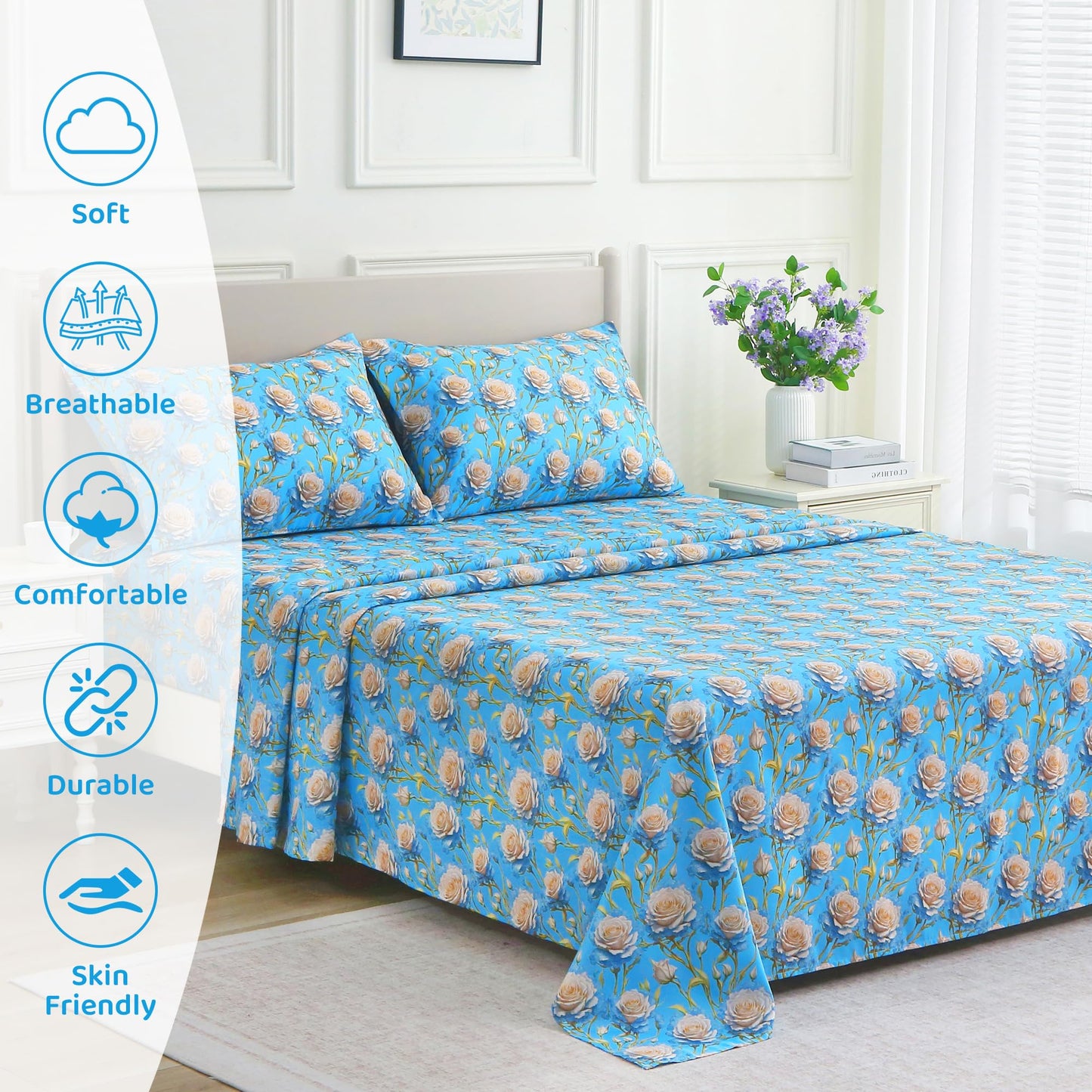 Mooreeke Cozy Floral Microfiber Printed Twin Sheet Set - Soft & Breathable 3D Rose Bed Sheets with Deep Pocket - Non-Slip Fitted Design - Blue White Rose Pattern - Queen