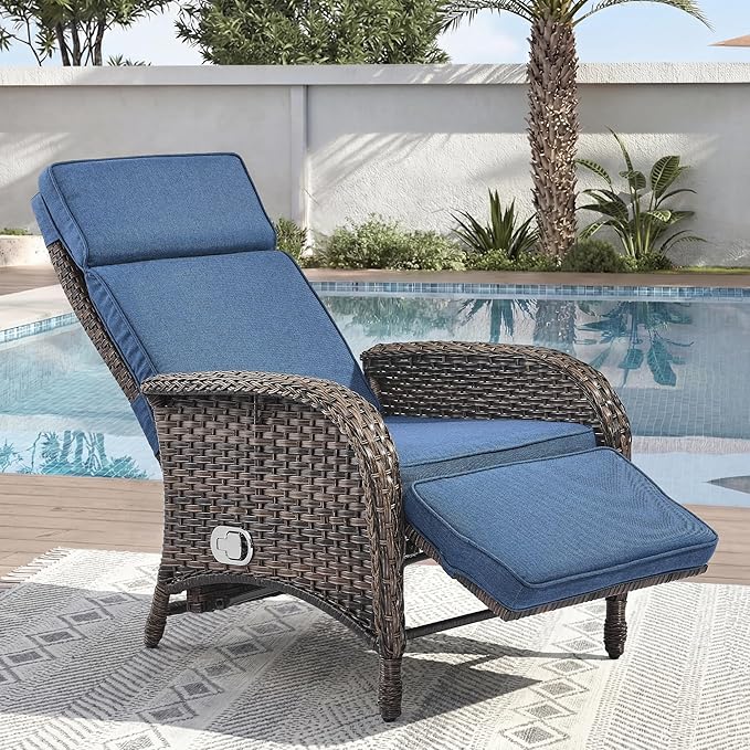 Zero Gravity Wicker Patio Recliner Chair - Wicker Outdoor Lounge Chair with Adjustable Backrest & Footrest, All Weather Outdoor Reclining Chairs with Thick Cushion for Pool Deck Blue
