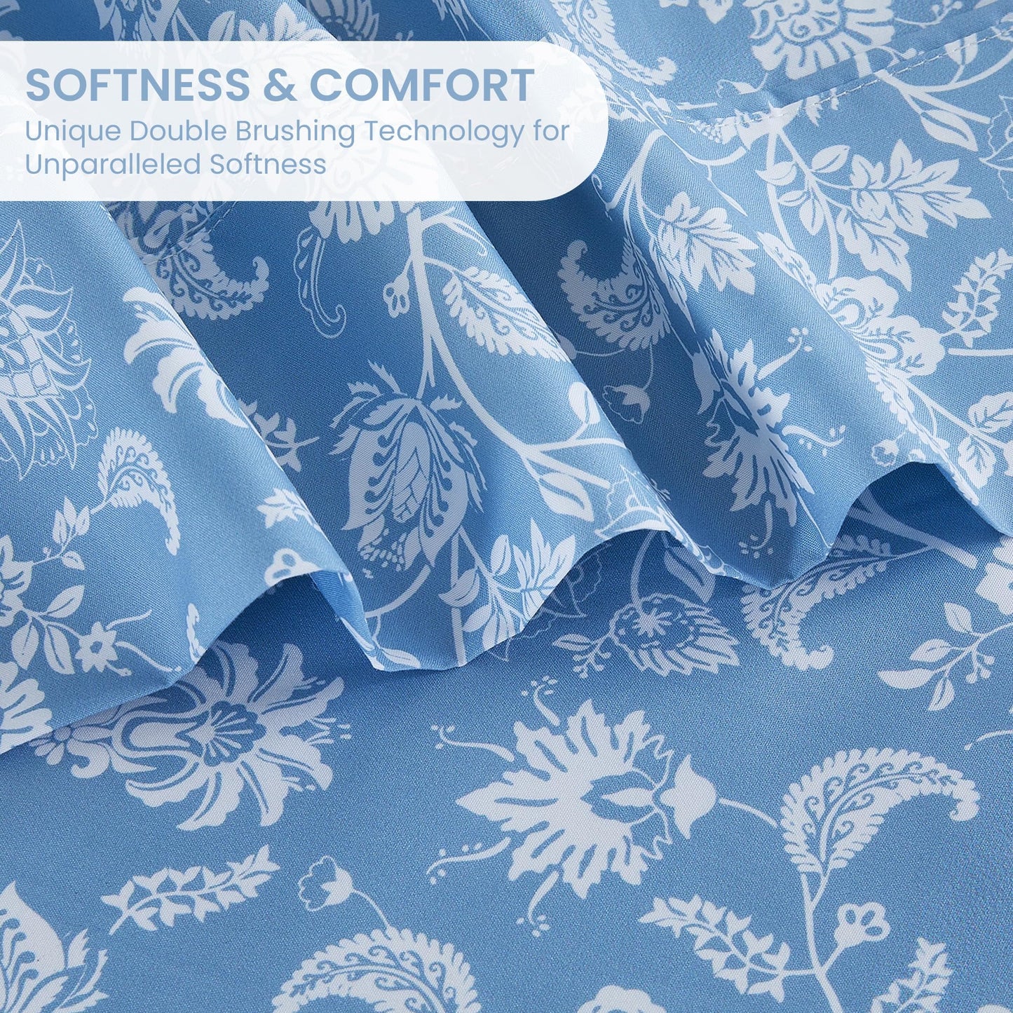 Mooreeke Cozy Vintage Microfiber Printed Full Sheet Set - Soft & Breathable Percale Blue Paisley Bed Sheets with Extra Deep Pocket - Non-Slip Fitted Design - Blue Flower Pattern - Full