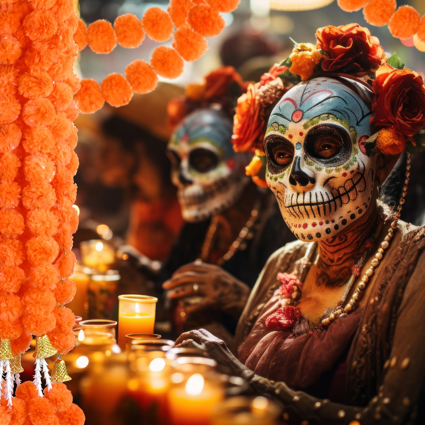 OCTERIC 6 Pcs 5 Ft Artificial Marigold Flowers Garland, Dia de Los Muertos Faux Garlands Diwali Decoration with Pendant Bell for Indian American Wedding Party Mantle Decor (Dark Orange)