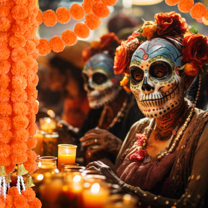 OCTERIC 6 Pcs 5 Ft Artificial Marigold Flowers Garland, Dia de Los Muertos Faux Garlands Diwali Decoration with Pendant Bell for Indian American Wedding Party Mantle Decor (Dark Orange)