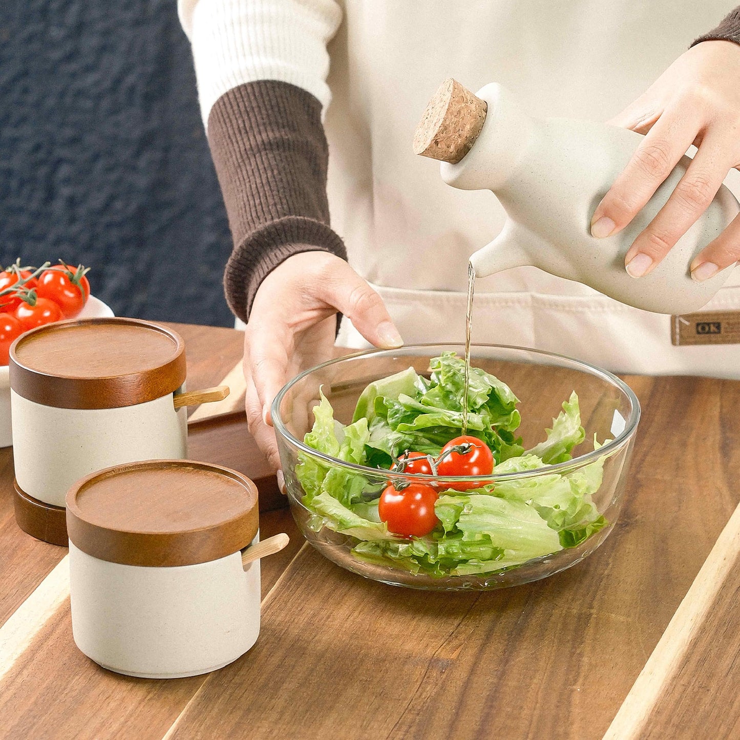 Mavolico 3 Pack Ceramic Spice and Soy Sauce Dispenser Set with Acacia Wood Lid, Complete with Sugar Salt Containers, Spoons and Wooden Tray for Kitchen and Dining
