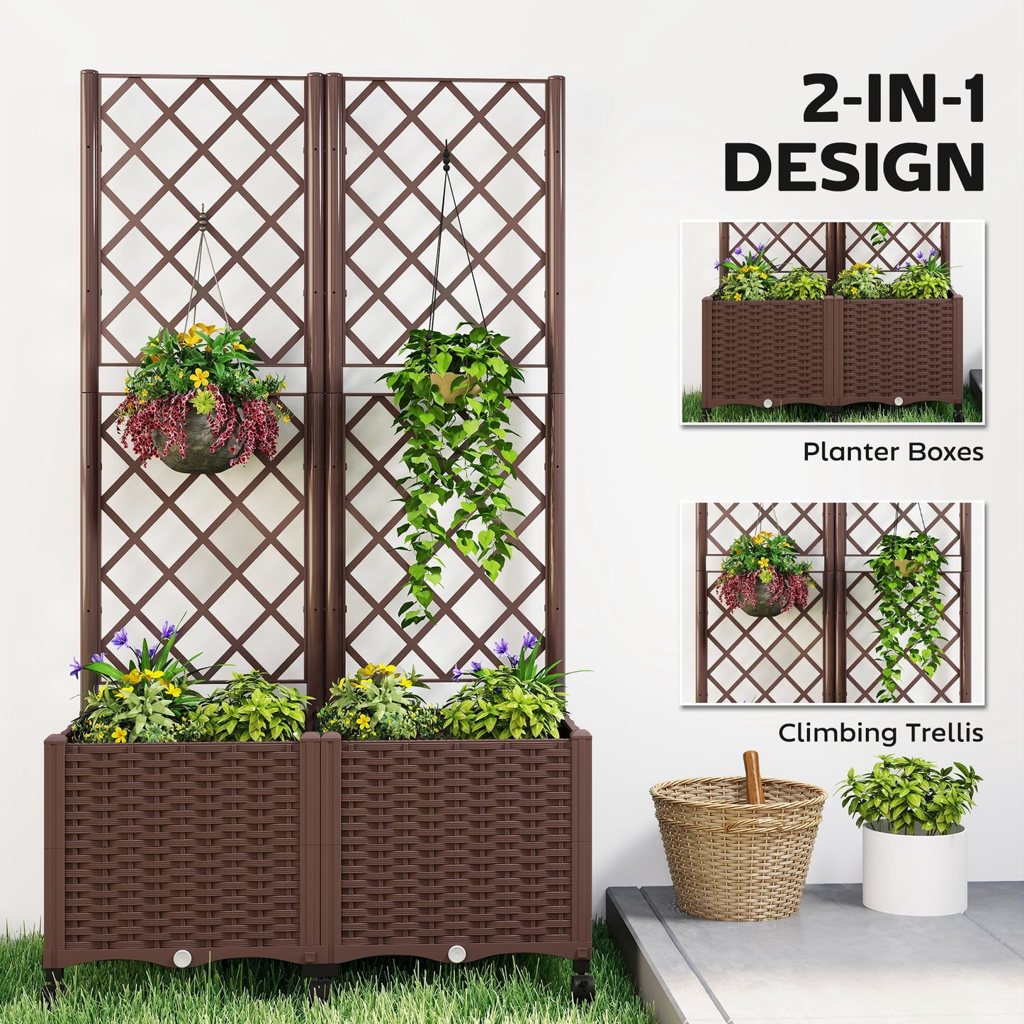 Outsunny Planter Box with Trellis, Self Watering Raised Garden Bed with Lockable Wheels, 56.3" Trellis Privacy Planter with Drainage Holes for Climbing Plants, Vines, Vegetables, Flowers, Brown