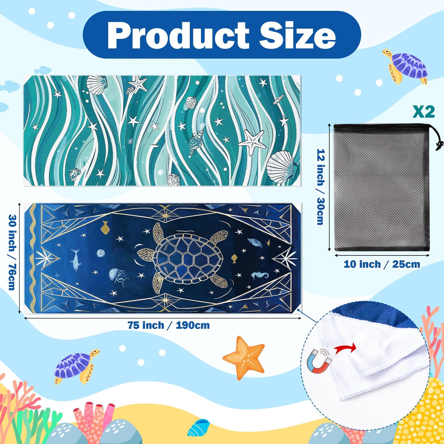ARefugen 2 Pack Magnetic Beach Towel - 74.8"x30" Turtle Wave Sand Free Quick Dry Microfiber Towel with Built-in Magnets Lightweight for Beach Chair Car Door Pool Travel Camping Yoga with Storage Bag