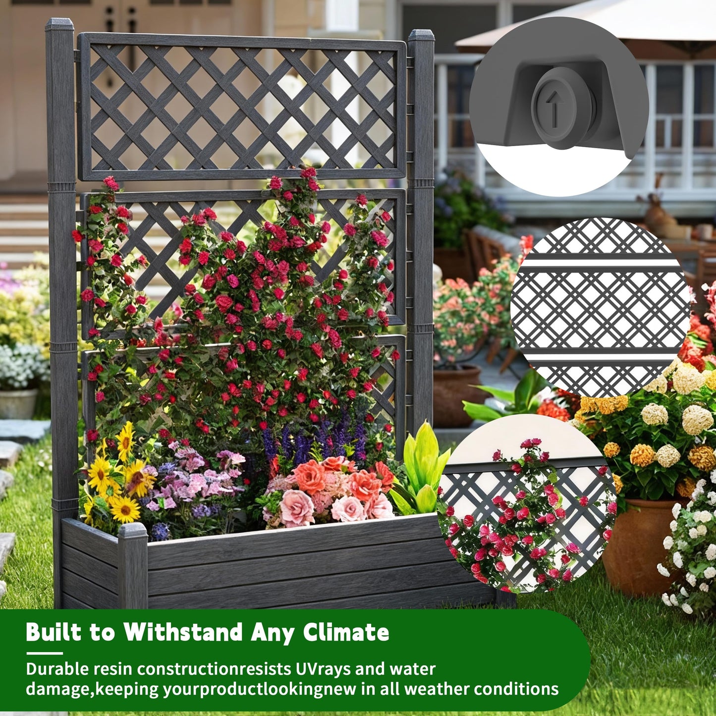GYMHILL Elevated Raised Garden Bed with Trellis, 21 Gallon Self-Watering Outdoor Resin Planter Box with Lockable Wheels Drain Plug & Water Monitor for Plants Vegetables Flowers Fruits (Black)