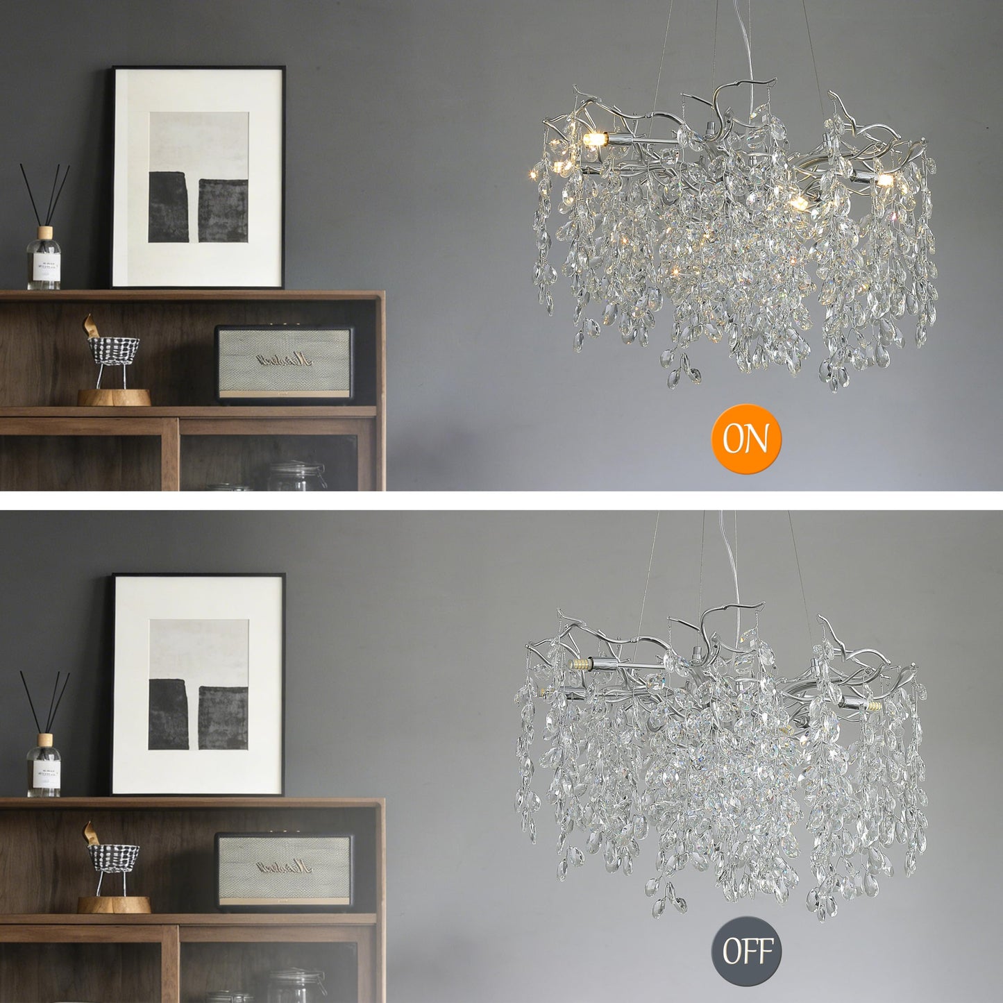 KVTOEP 24 Inch Silver Tree Branch Crystal Chandelier, 6-Light G9 Base K9 Crystal Pendant Light, Adjustable Fixture for Dining Room, Living Room & Staircase