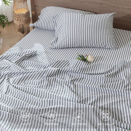 MooMee Striped Fitted Bottom Sheet Only 100% Washed Cotton Linen Like Textured Breathable Durable Soft Comfy Deep Pocket Fits Mattress up to 17" (Dark Grey White Classic Stripes, Queen)
