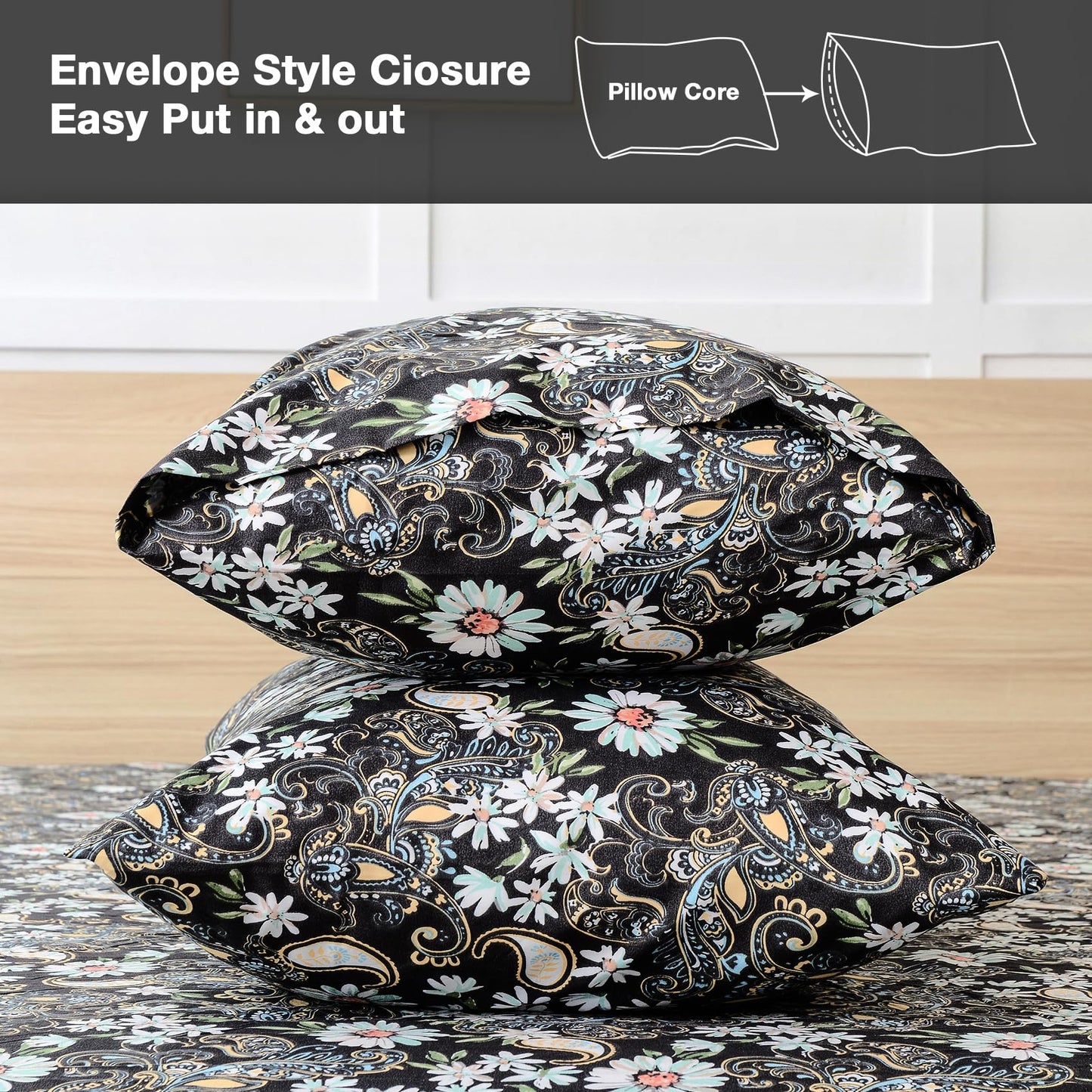 JSD Black Paisley Floral Printed Sheet Set King Size 6 Piece, Soft Pattern Microfiber Bed Sheets Extra Deep Pocket
