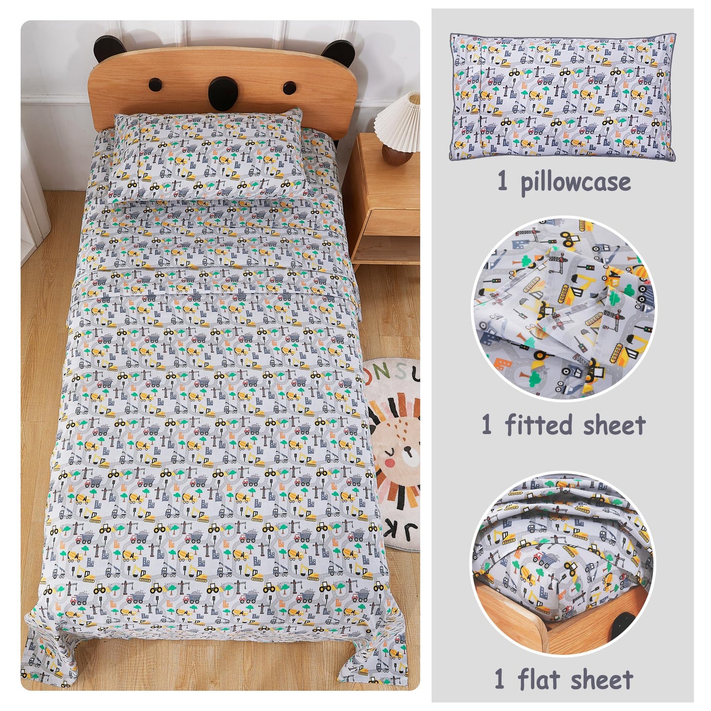 Softan Kids Bed Sheet Set, 3-Piece Twin Sheets Set, Microfiber Fitted Sheet with 15 Inches Deep Pocket and Corner Straps, Breathable & Silky Soft Excavator Pattern Sheet and Pillowcase Sets