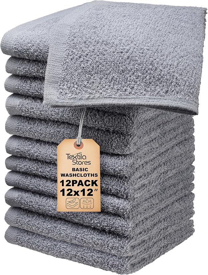 Basic Wash Cloths 12x12 Inches – Pack of 12 – Grey Color – Soft and Absorbent