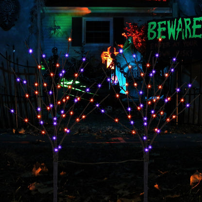Lighted Halloween Tree Branches, 30IN 100LED Artificial Black Twig Branch with Purple&Orange Fairy Lights, Built-in Timer & Battery Operated, Waterproof for Outdoor Pathway Lawn Garden Decorations