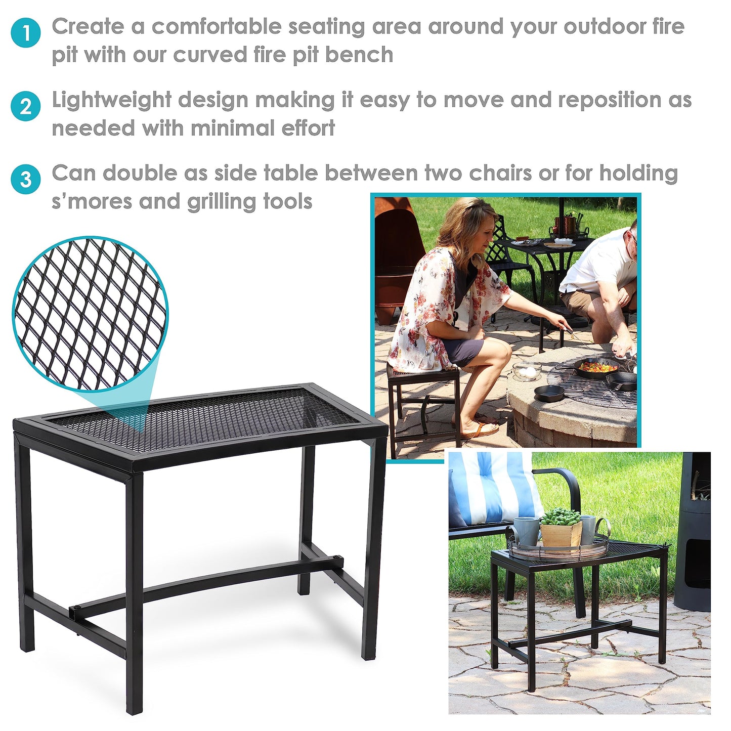 Sunnydaze Mesh Outdoor Curved Bench - Metal Patio Bench Set - Heavy-Duty Outdoor Seats for Backyard or Fire Pit - Black - Set of 2