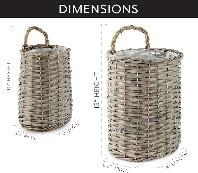 AuldHome Design Wall Hanging Baskets; Woven Wicker Rustic Farmhouse Gray Washed
