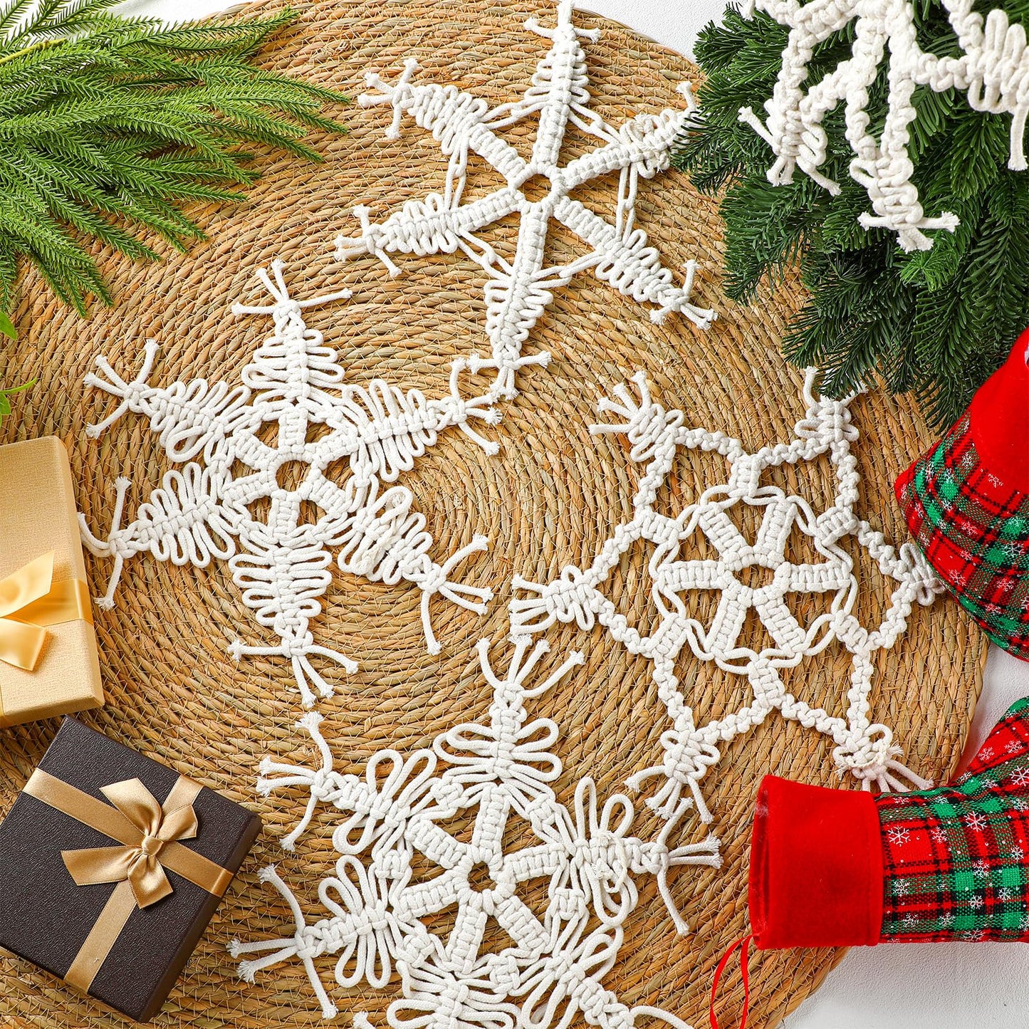 RattanView 5 Pcs Large Winter Macrame Snowflake Wall Decor - 11.8 Inch White Handmade Woven Wall Art Hanging Ornaments for Home Window Winter Party Decorations