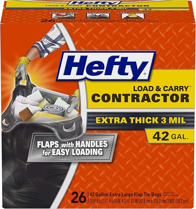 Hefty Load & Carry Heavy Duty Contractor Large Trash Bags, 42 Gallon