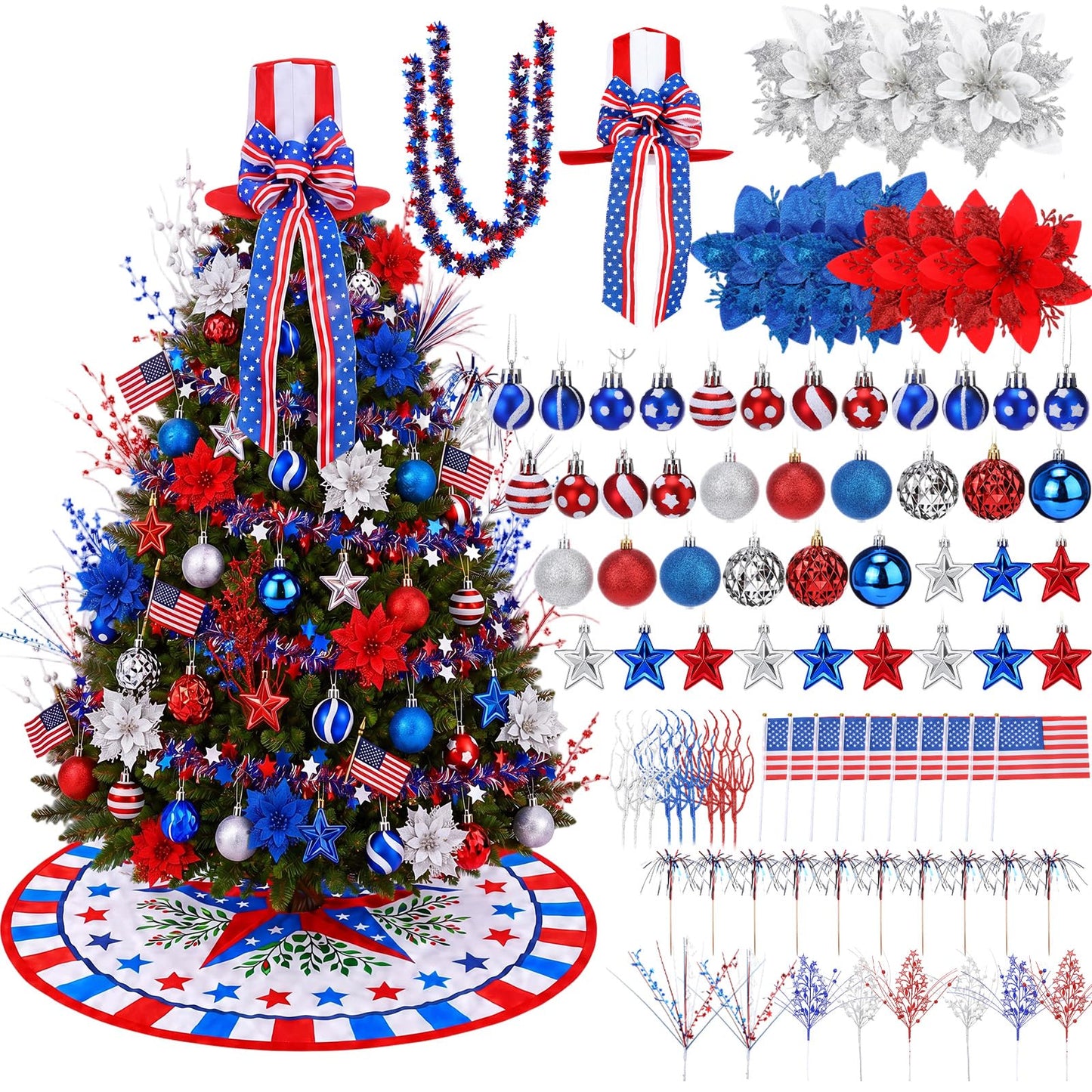 Teyva Daily 90 Pcs 4th of July Tree Decorations Kit, Patriotic Red White Blue Hanging Ornament, Tree Skirt, Topper Hat, Ball, Star Picks, Garland, Mini Flags, Flowers for Independence Day Party Decor