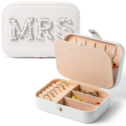 Belanttega MRS Travel Jewelry Box for Mother's Day GiftsBride Travel Portable Jewelry Case Small Jewelry Organizer Travel Accessories for Women, Bridal Shower Gift Engagement Present, White