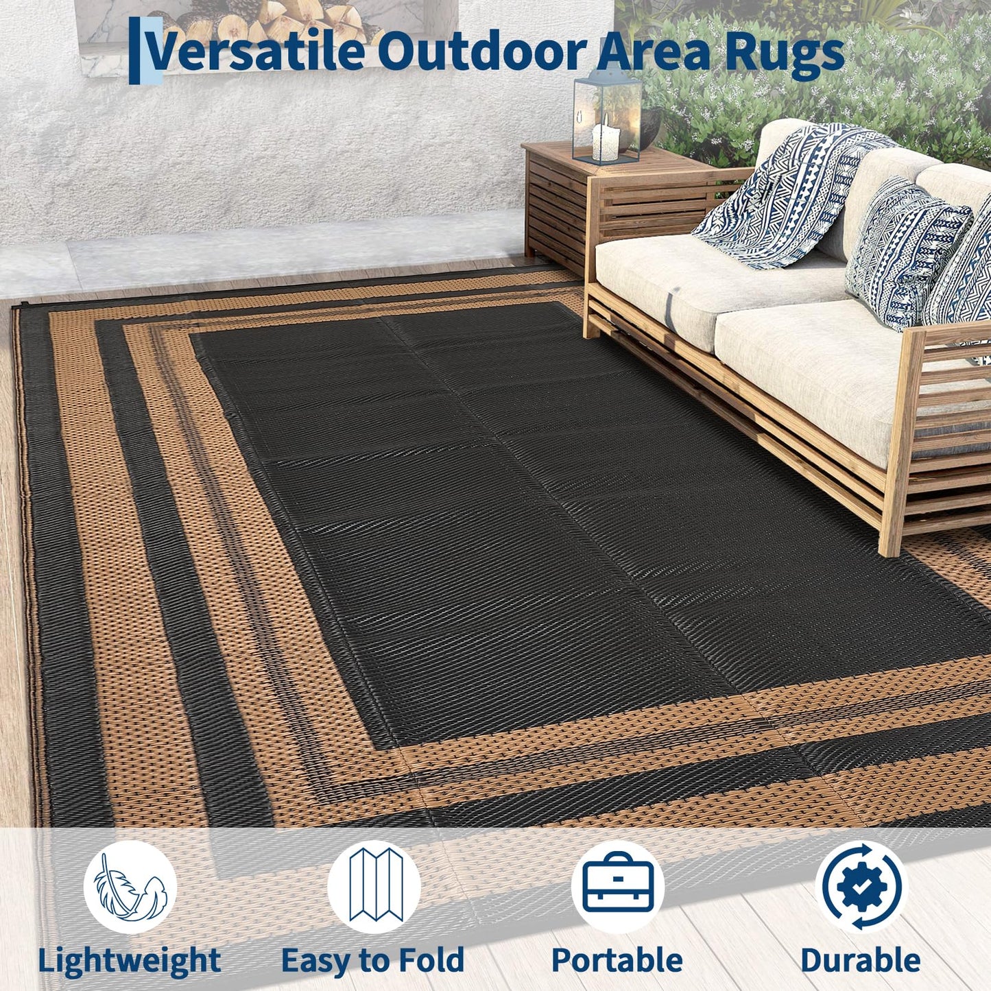 Garvee Outdoor Rug 9x18 Outdoor Patio Rug Reversible Plastic Straw Rugs Waterproof Foldable Mat Easy Clean Lightweight Carpet for Backyard Camping Porch RV Beach Balcony Deck Picnic Panel Brown