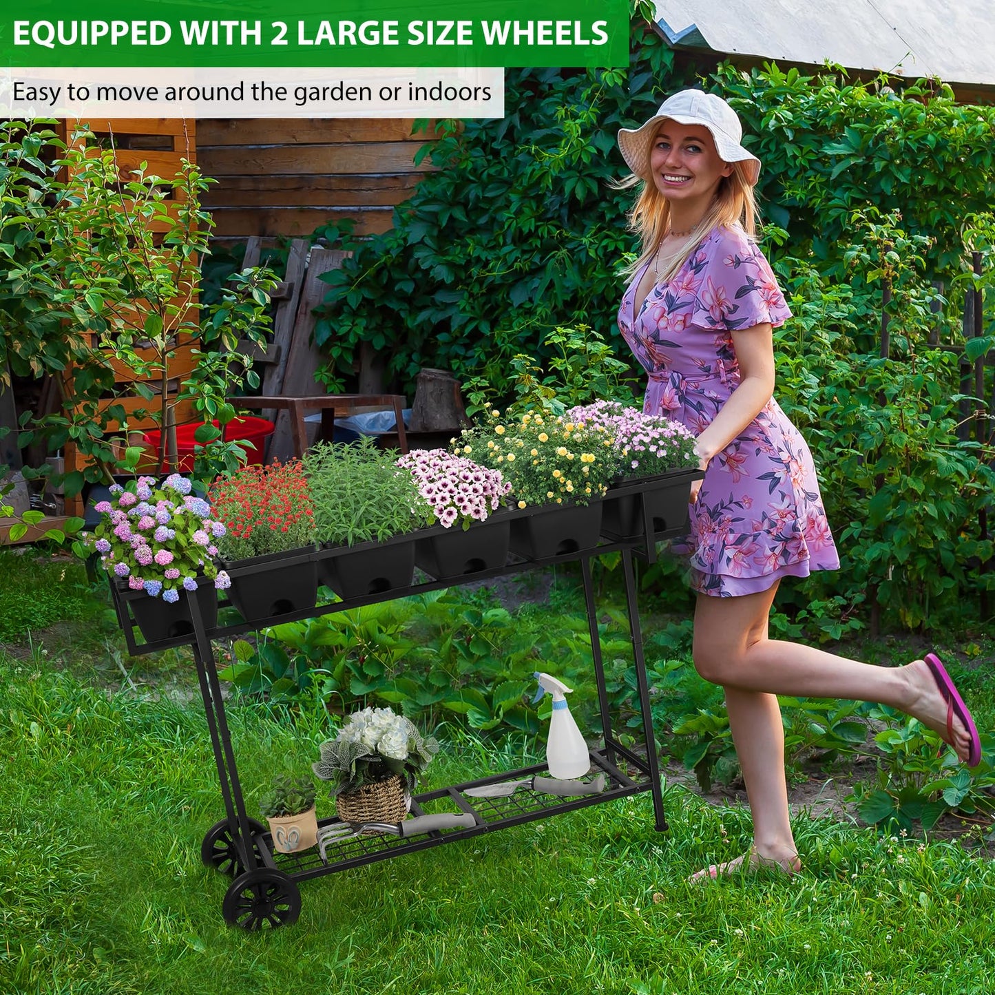 Vrisa Plastic Raised Garden Bed Outdoor with Legs 43x17x29 in Elevated Standing Planter Box with Storage Shelf and Wheels Vegetables Herbs Flowers Gardening Boxes for Backyard, Patio, Balcony, Black