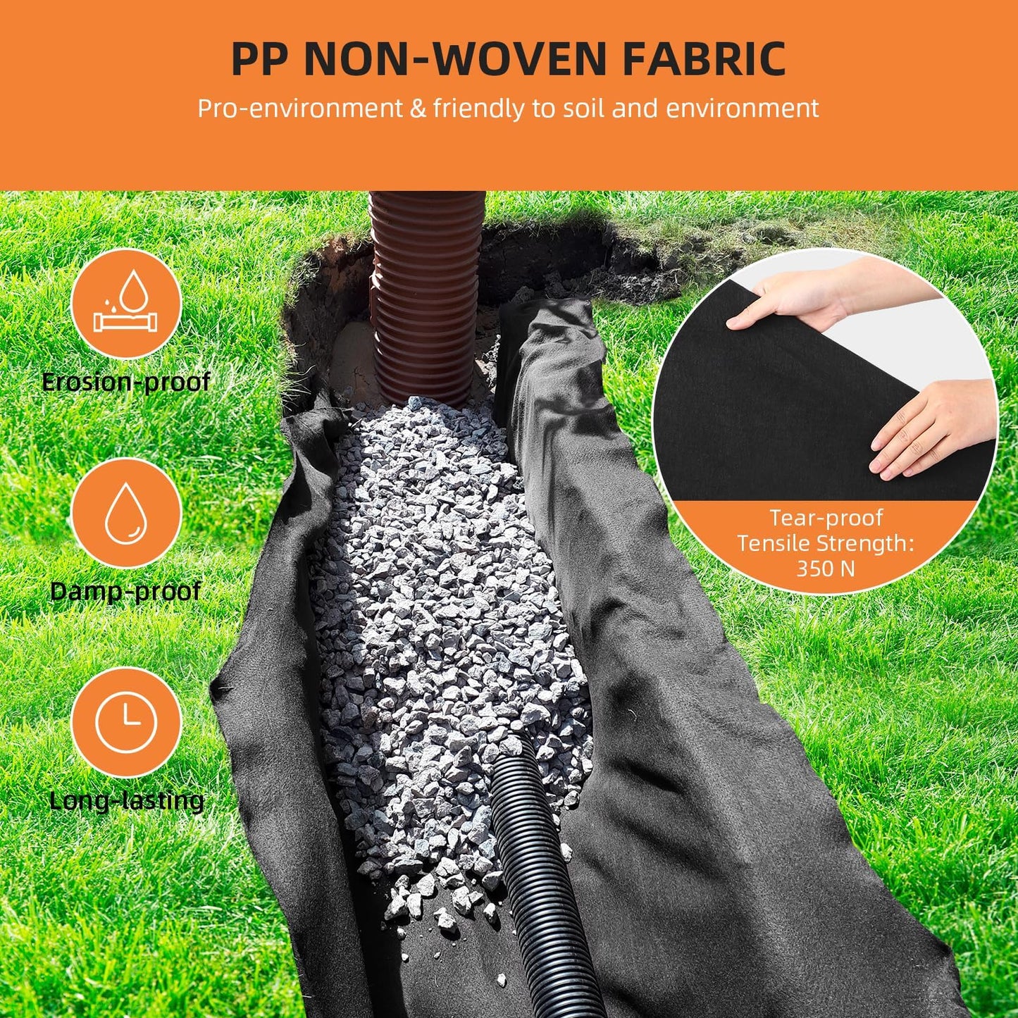 GarveeHome 6oz Geotextile Fabric 6ft x 300ft, 350N Strength for Driveway & Road Base Under Concrete, Erosion Control, French Drain, PP Non-Woven Stabilization Fabric