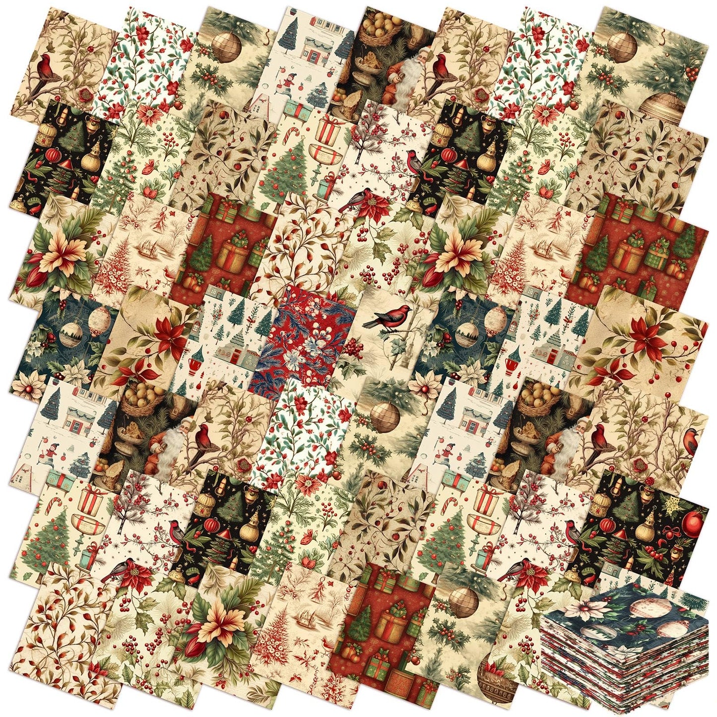 Fanfanwin 100 Pcs 8 x 8 Inch Vintage Christmas Quilting Fabric Christmas Fat Squares Patchwork Strips Santa Red Cardinal Precut Fabric Bundles for Xmas Handmade Crafting DIY Craft Sewing Material