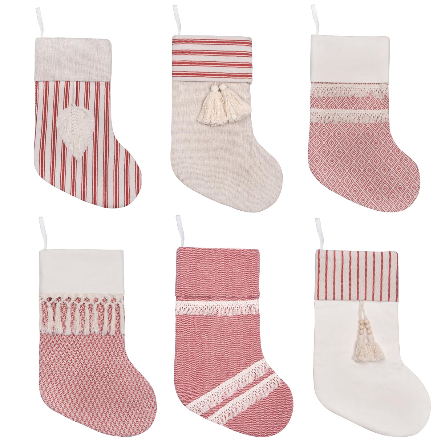 GEX Christmas Stockings 6 Pack for Family 20" Large Rustic Farmhouse Country Red Xmas Stockings with Tassels Hanging Ornament Decorations for Fireplace Xmas Season (Red, Set of 6)