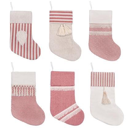 GEX Christmas Stockings 6 Pack for Family 20" Large Rustic Farmhouse Country Red Xmas Stockings with Tassels Hanging Ornament Decorations for Fireplace Xmas Season (Red, Set of 6)
