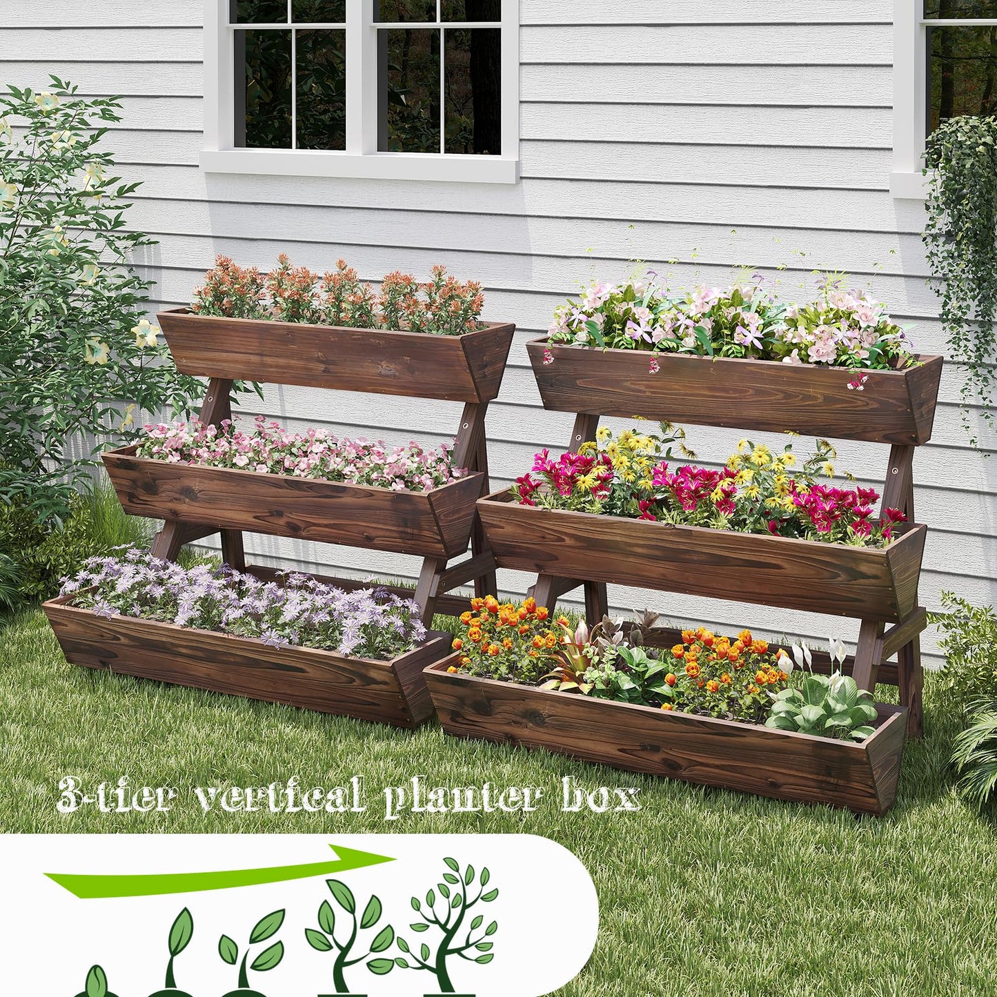 Dawnyard 3-Tiers Wooden Raised Garden BedPlanter Box Gardening Outdoor Planter Box Patio Kit Tiered Planter Box Vertical Garden Planter Wood Plant Stand for Patio, Balcony, Freestanding (Carbonized L)