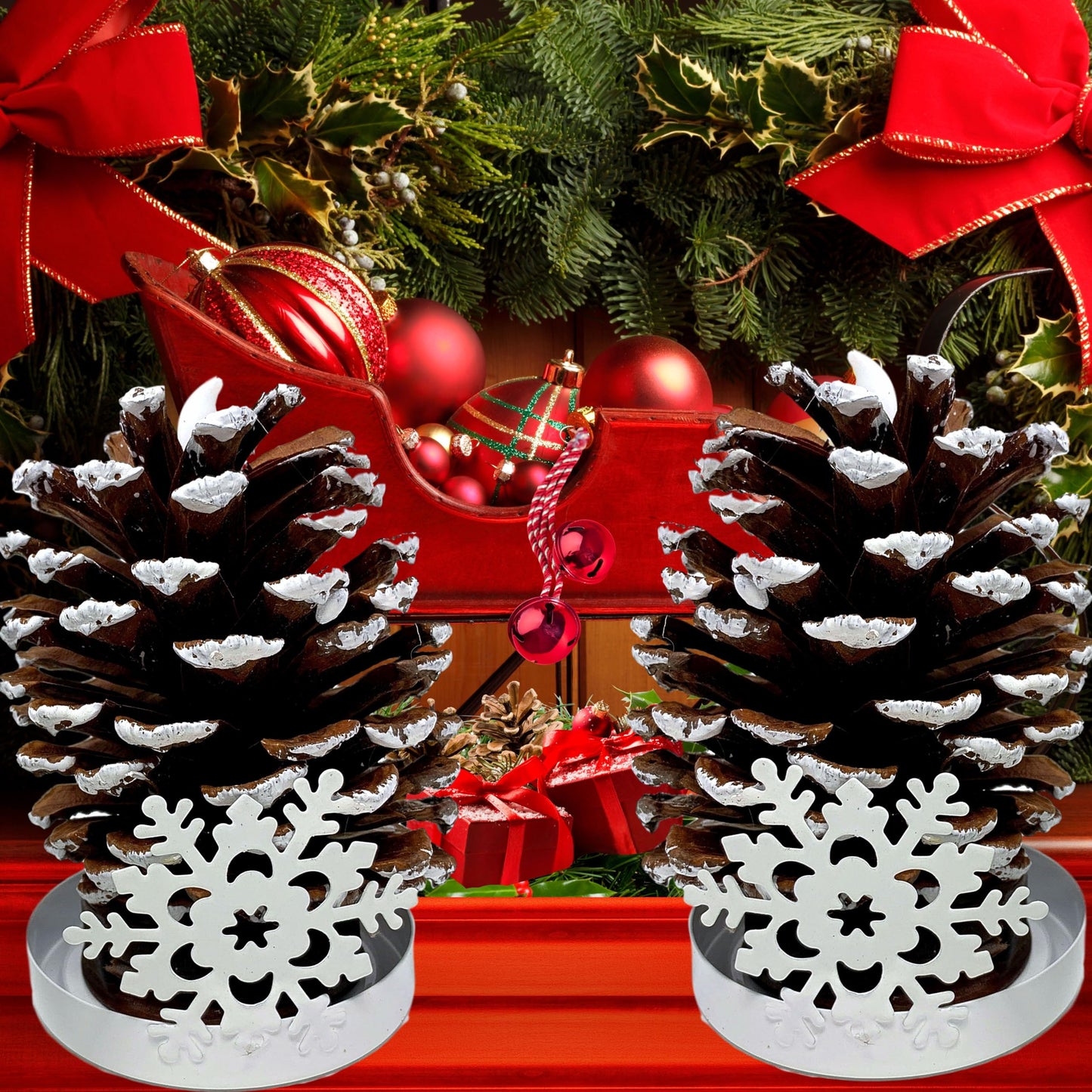 LIghted Pine Cones in Metal Snowflake Holders Christmas Decor - Set of 2 - Real Pinecones with White Snowflake Holders - Flameless LED Candles Brushed with Snow - Measures 5 1/2"H X 3"W