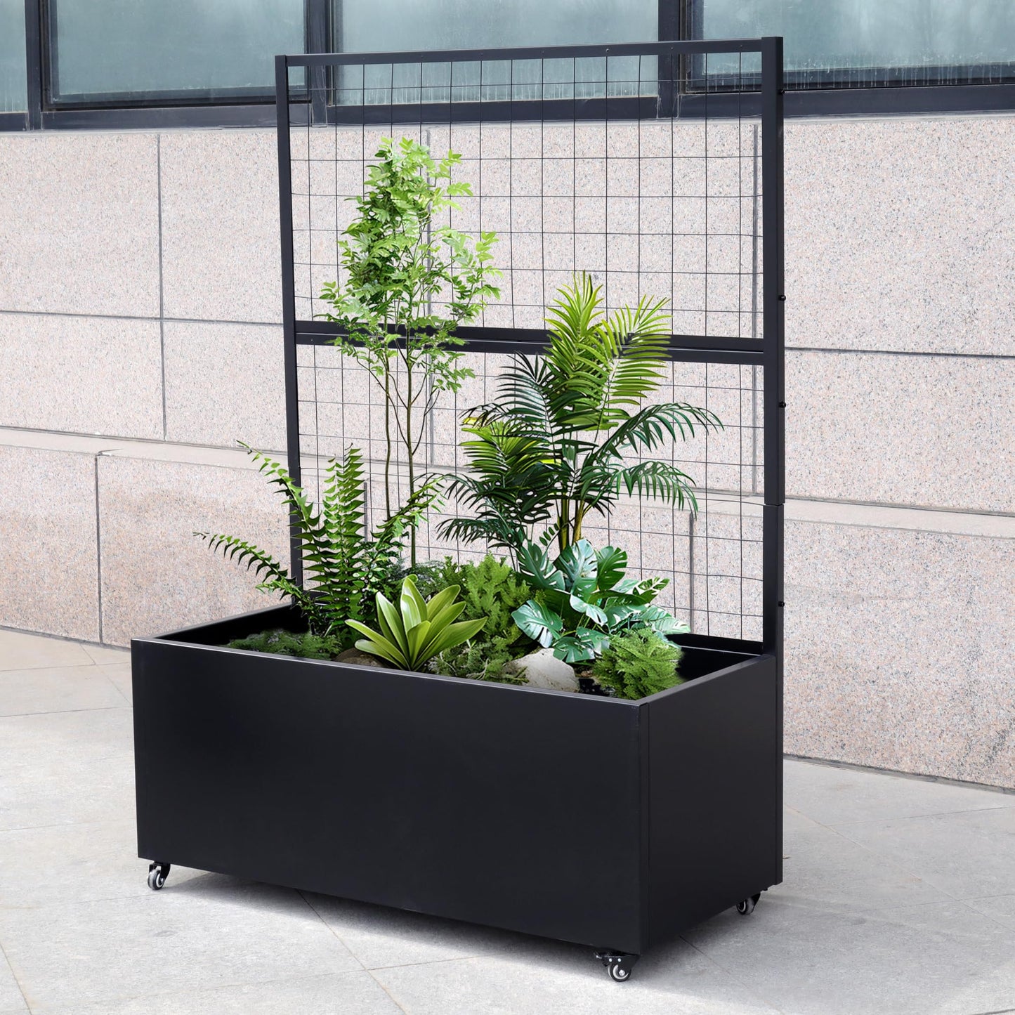 Metal Rolling Planter Box with Lattice Trellis – Modern COR-Ten Steel Trough on Casters | 66” x 46” x 21” (Black)