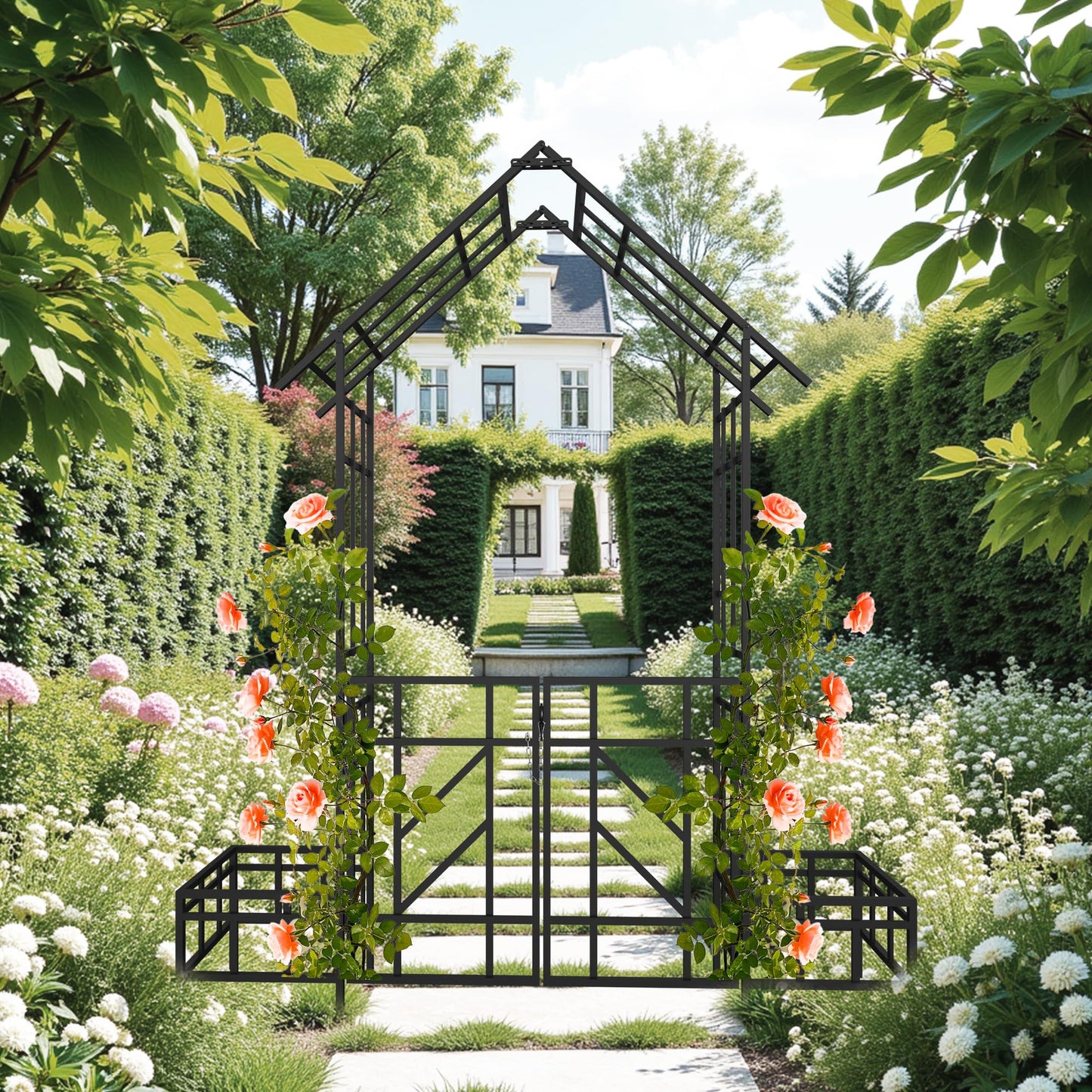 Metal Garden Arbor Arch with Gate and Plant Box, 97“ H Garden Trellis Wedding Arch Party Decoration for Outdoor Lawn Climbing Plants Support Roses Vines (Black Line)