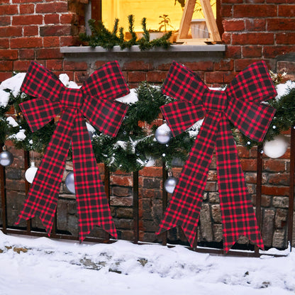1 PCS Christmas Bows, 16x24 In Large Christmas Tree Bows, Velvet Black Red Xmas Bows for Buffalo Plaid Christmas Tree Decorations Plastic Xmas Home Party Decor Supplies for Fence Railing Stairs Door