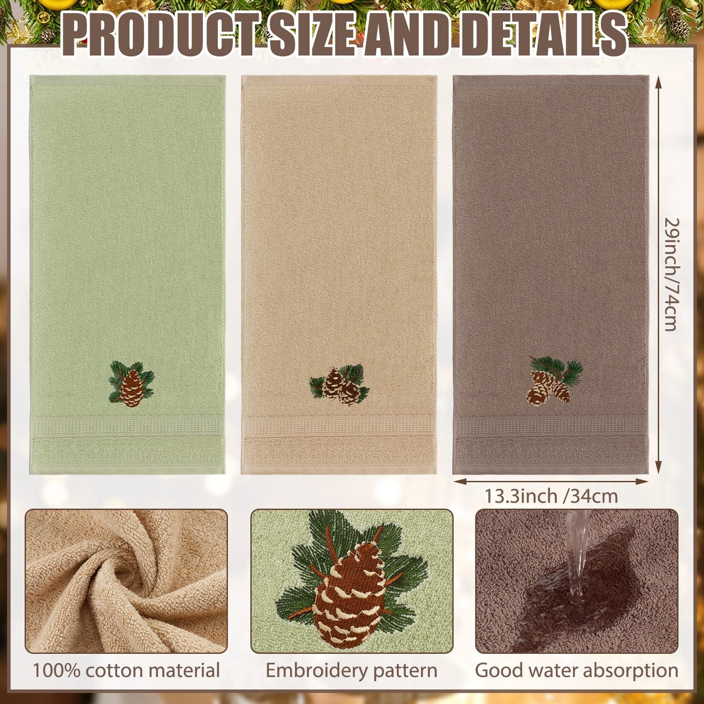 FuWeave 3 Pcs Rustic Pine Cone Hand Towels for Bathroom Christmas Decor, Pinecones Branch Embroidered Decorative Towels for Bathroom Kitchen Holiday Decor, 100% Cotton, 13.3 x 29.5''
